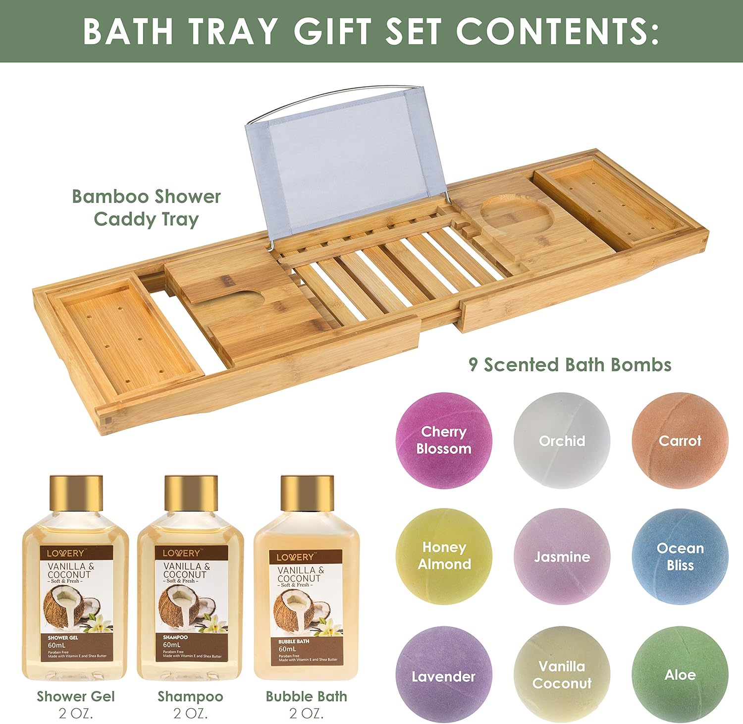 LOVERY Premium Bamboo Bathtub Caddy Tray Gift Set with Scented Bath Bombs, Shower Gel, Shampoo and Bubble Bath - Luxury Bathtub Tray with Book and Wine Holder - Expandable Tray to Fit Any Tub: Home & Kitchen