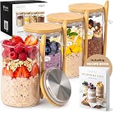 EDELHAUS Overnight Oats Containers with Lids - Glass Mason Jars, Meal Prep | Bamboo Wood, Airtight Silicone Seal Set of 4 - I