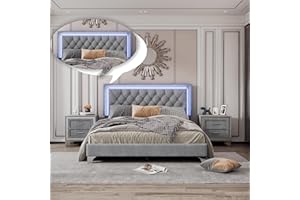 Linique 3-Pieces Bedroom Sets, Queen Size Upholstered Platform Bed Frame with LED Lights and Two Nightstands, Velvet Platform Bed with Button Tufted Headboard, Grey