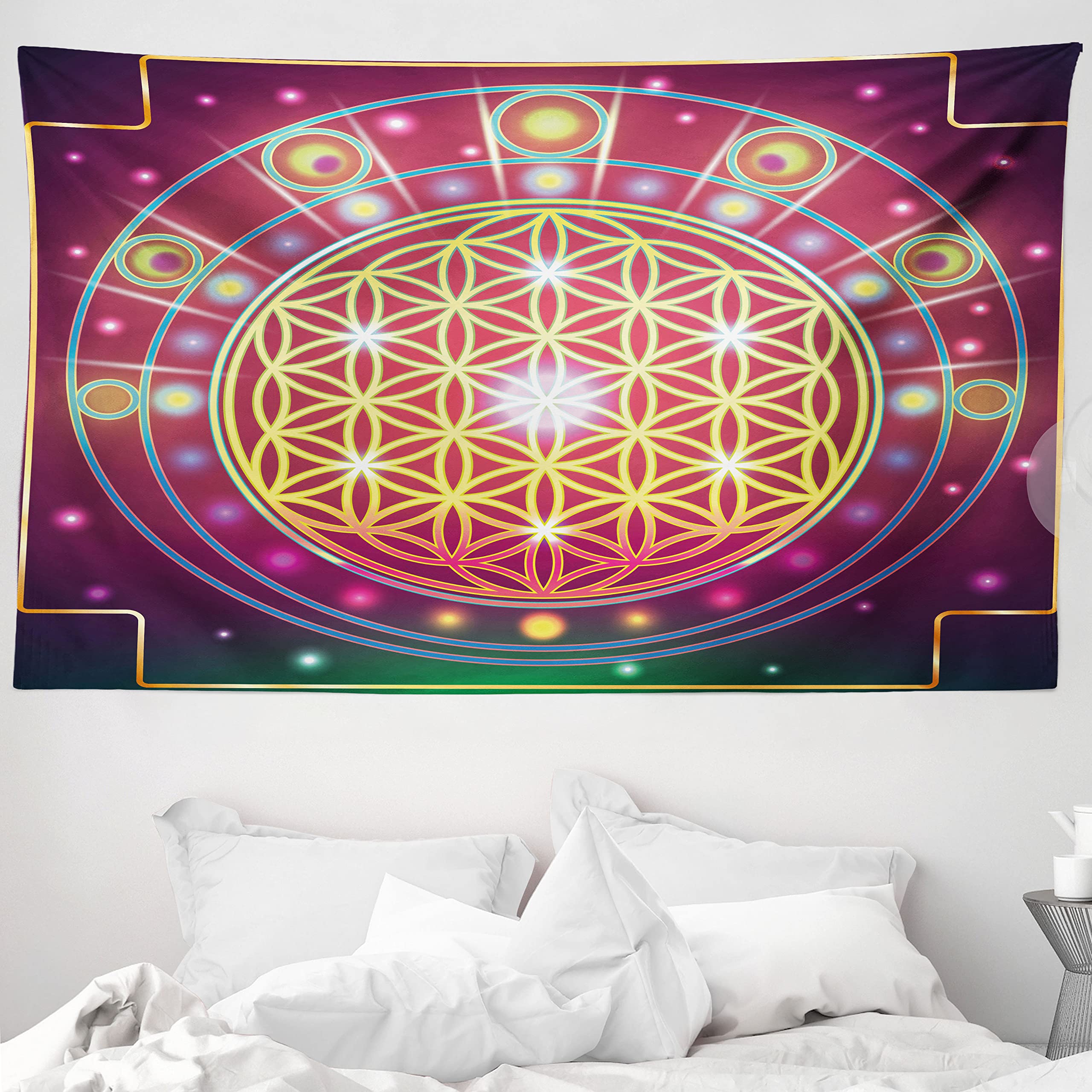 ABAKUHAUS Sacred Geometry Tapestry, Ancient Symbolic Abstract Shapes Mathematics and Artsy Digital Print, Fabric Wall Hanging Decor for Bedroom Living Room Dorm, 90 W X 54 L, Multicolor