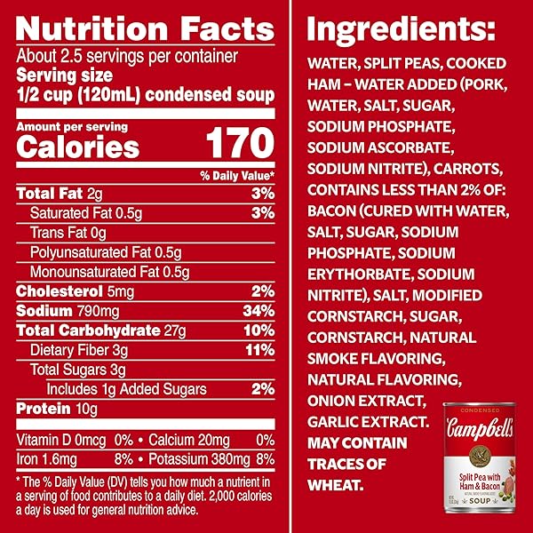 CAMPBELL’S CONDENSED SPLIT PEA SOUP WITH HAM AND BACON, NATURAL SMOKE FLAVORING ADDED, 11.5 OZ CAN