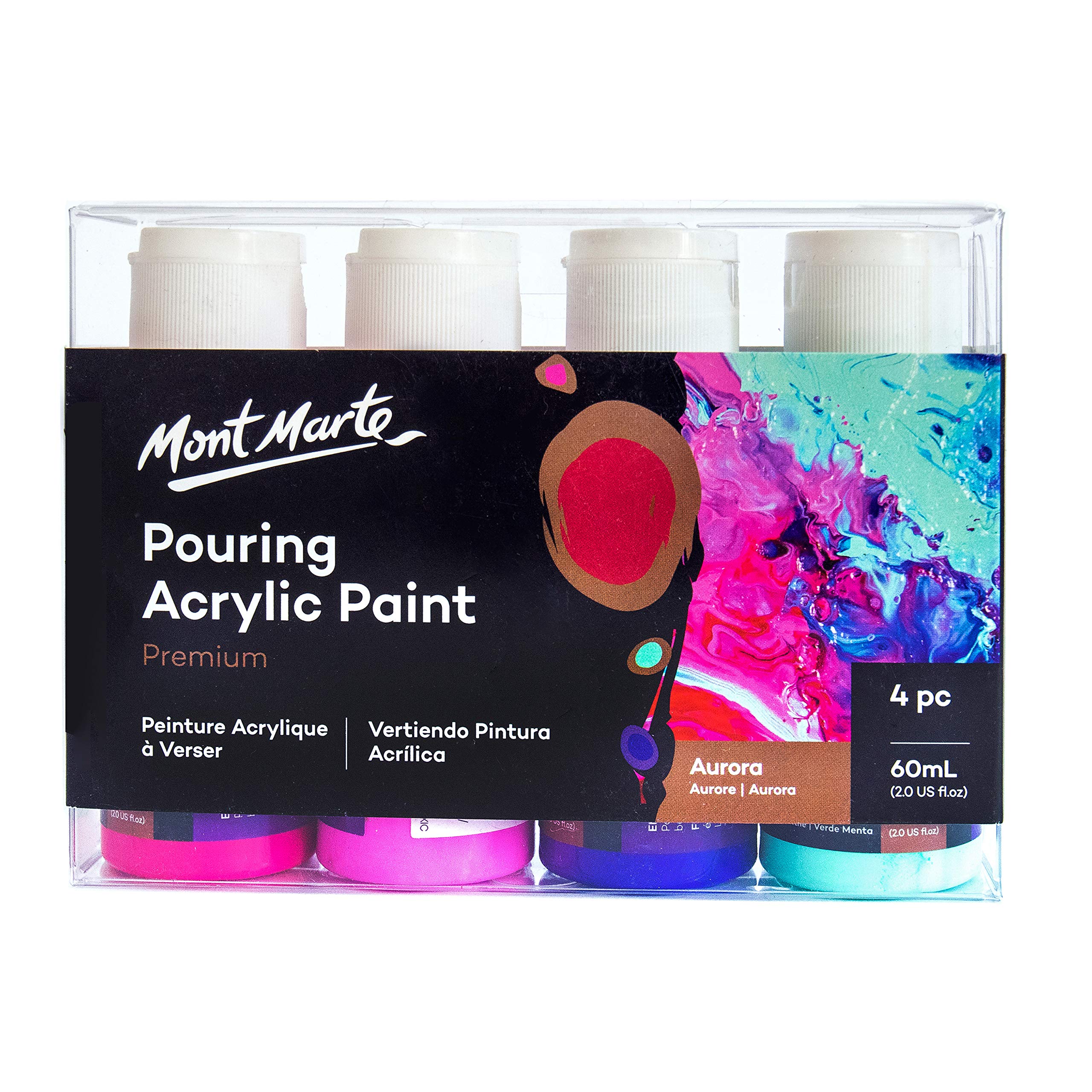 MONT MARTE Acrylic Pouring Paint Set Aurora – 4 pieces x 60ml – Premixed with Pouring Medium – Shiraz, Pink, Ultramarine Blue, Mint Green