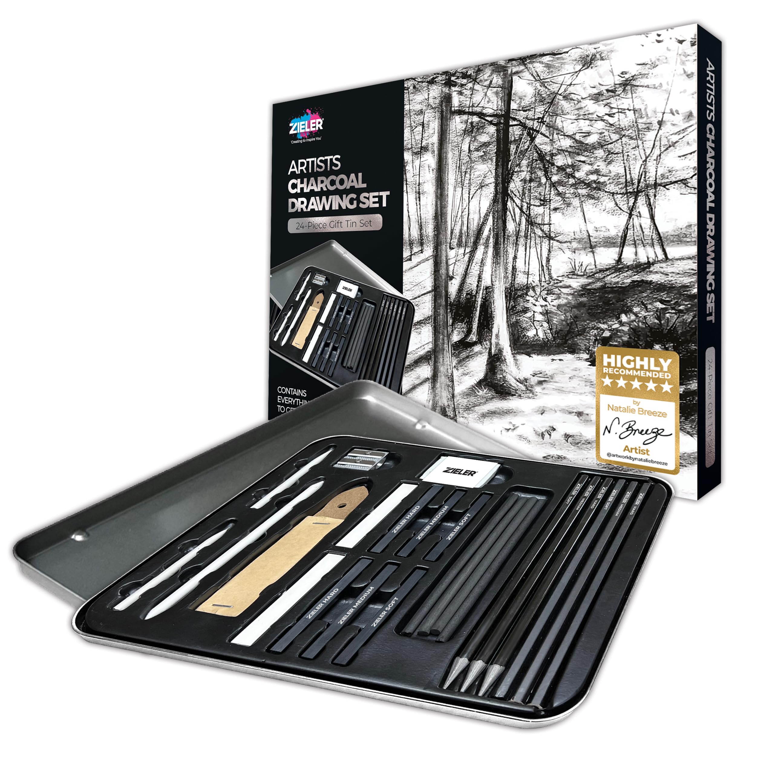 Zieler - Artists Charcoal Drawing Set | 24-piece Gift Tin Set | The Ideal Starter Set!