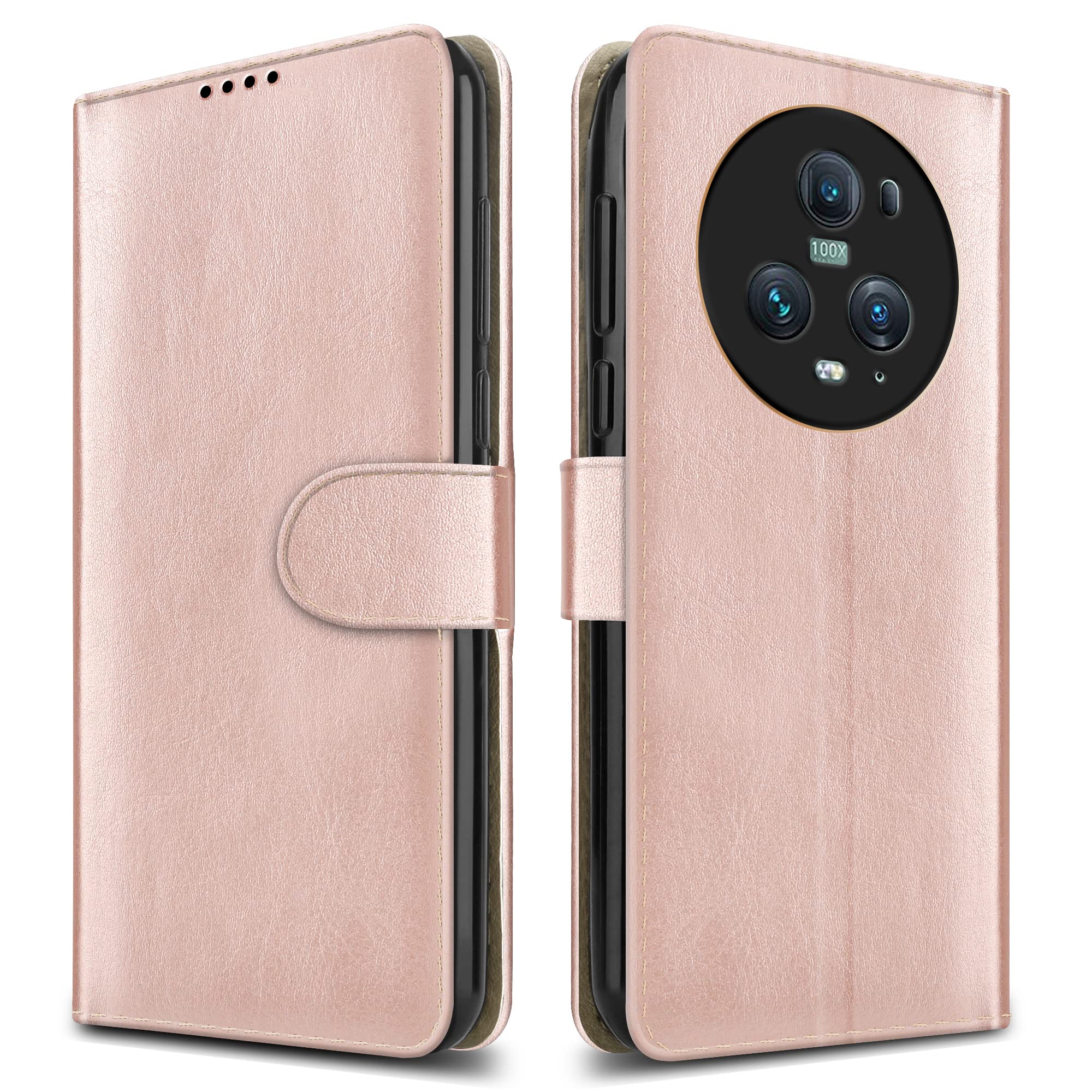 PIXFAB For Honor Magic 5 Pro 5G Leather Phone Case, Magnetic Closure Full Protection Book Folio Design, Wallet Case Cover [Card Slots] and [Kickstand] For Honor Magic 5 Pro (5G) - Rose Gold