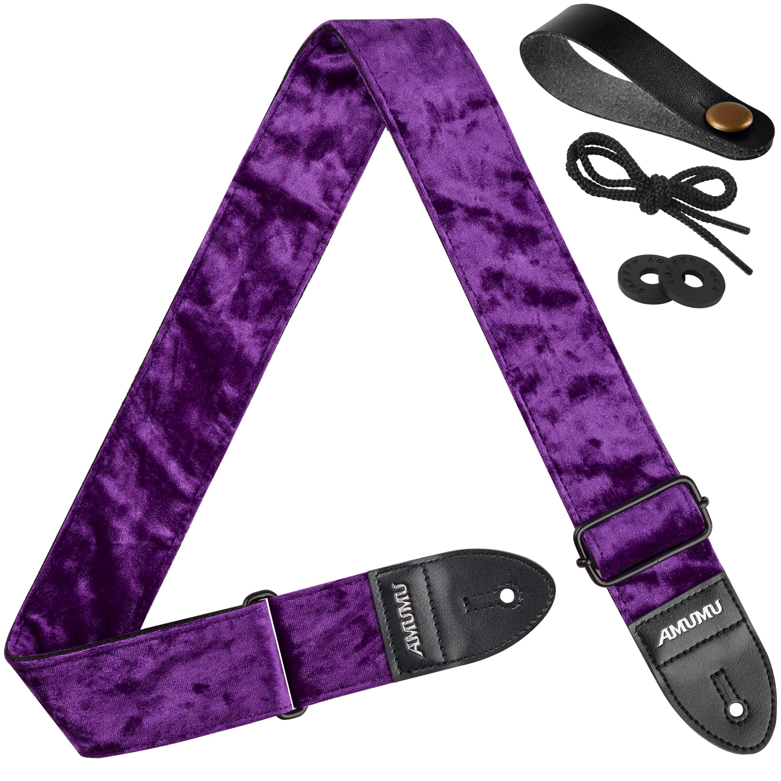 Photo 1 of AMUMU Flocked Velvet Guitar Strap with Microfiber Leather Ends - Guitar Accessories - Fits Acoustic, Bass, Electric Guitar, Purple