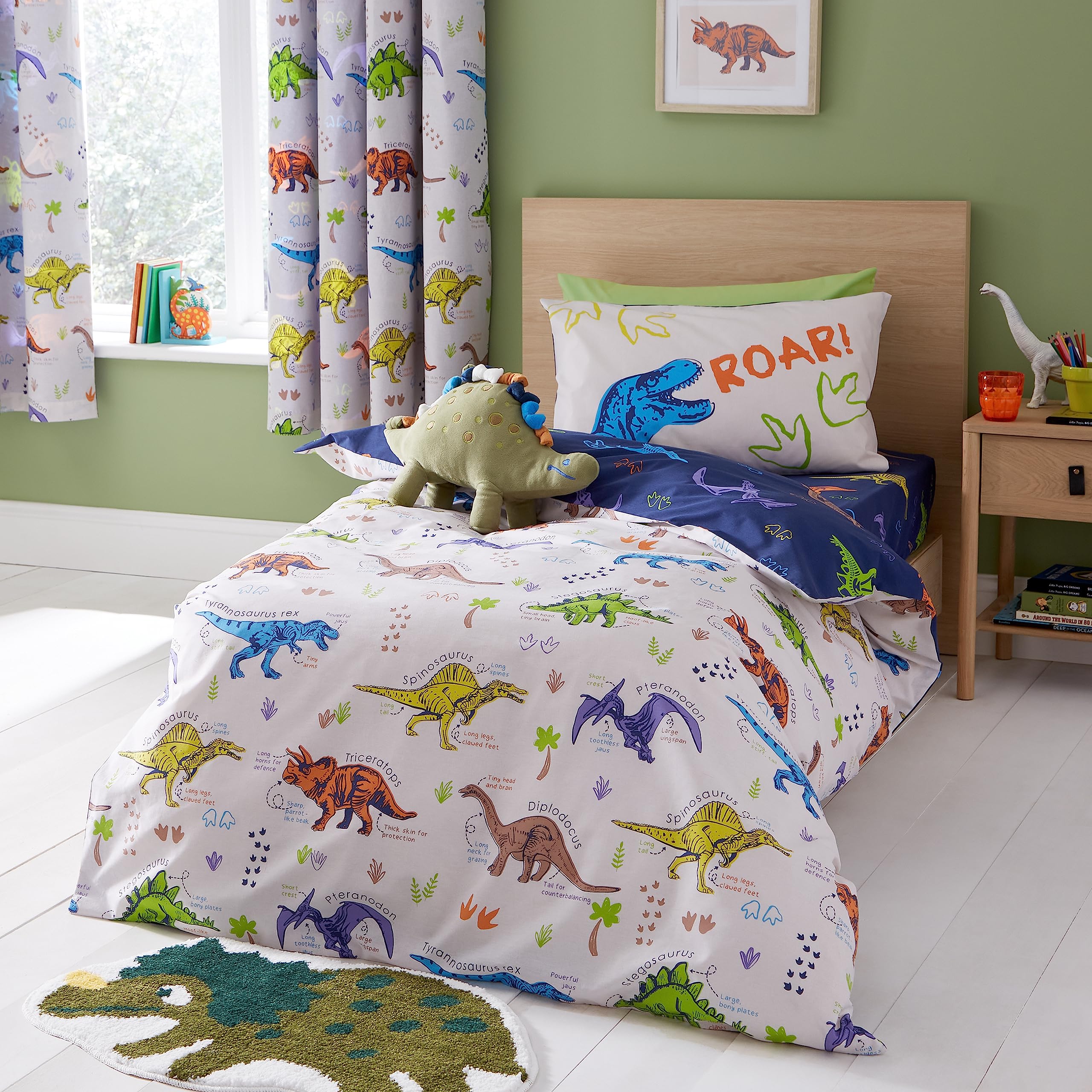 Catherine Lansfield Prehistoric Dinosaurs Reversible Junior Duvet Cover Set with Pillowcases Natural