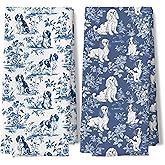 BUJSP Chinoiserie Cavalier King Charles Spaniel Kitchen Towels Set of 2, Blue and White Cavalier King Charles Spaniel Decor Decorative Dish Tea Towels for Bathroom,Dog Gifts for Women Men,16x24 Inch
