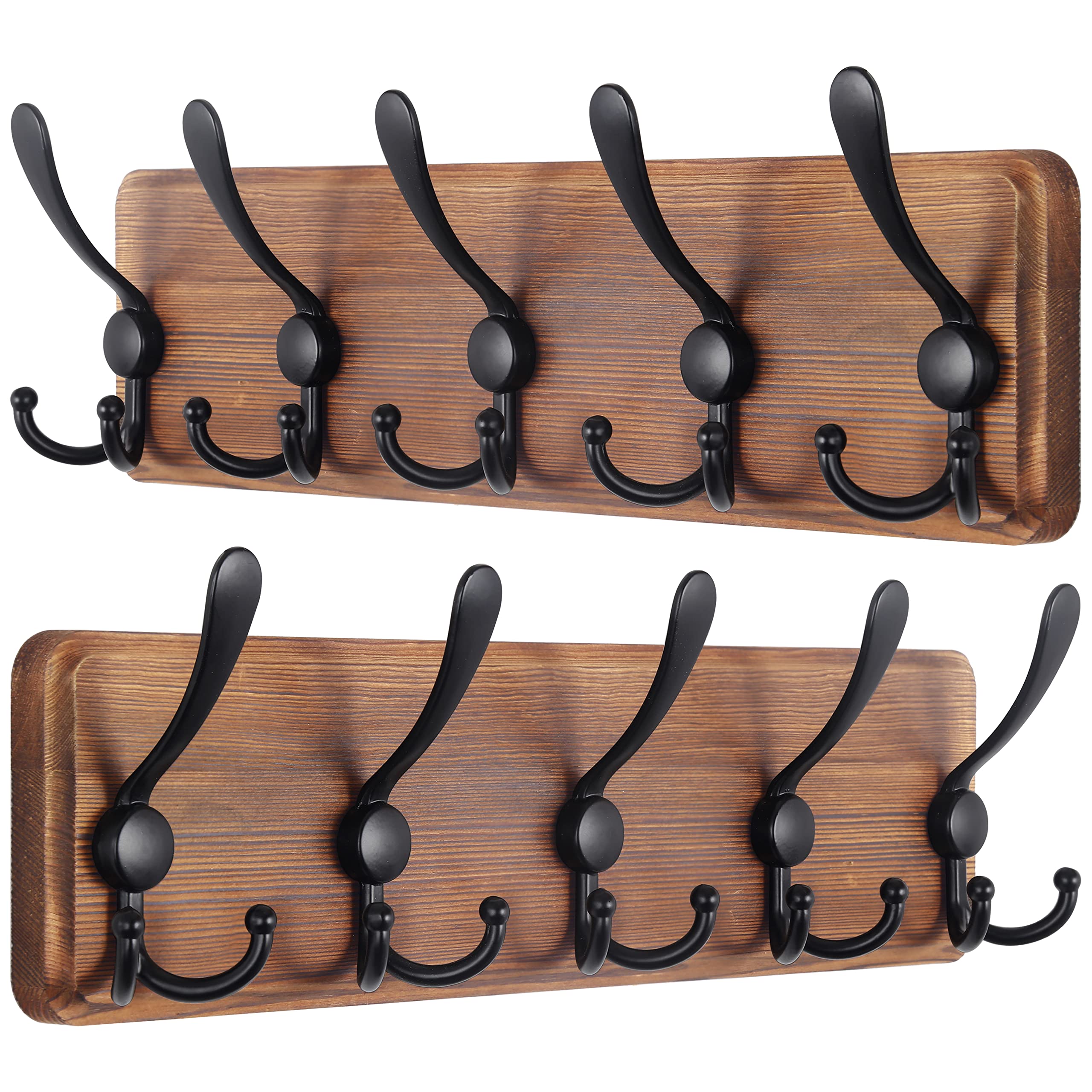 SKOLOO Coat Rack Wall Mounted - Pack of 2, Wooden, Heavy Duty, Rustic Coat Hooks for Wall, 16'' Hole to Hole, Wall Coat Rack with 5 Triple Hooks for Hanging Clothes, Jacket, Hat(Brown)