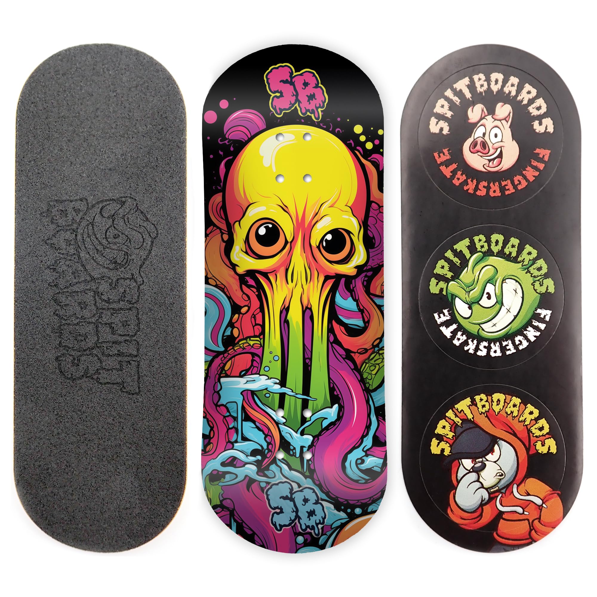SPITBOARDS 34mm Fingerboard Deck - Real Wood (5-Layers) Classic Popsicle Street Shape - Size: 34 x 96 mm - Single Graphic Deck (Real Wear) - Optimized Concave - Alien-Octopus
