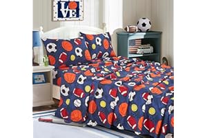 Chezmoi Collection 4-Piece Kids/Teens Sports Balls Sheet Set - Soft Microfiber Navy Blue Gray Orange White Printed Football Soccer Basketball Baseball Tennis Fun Kids Sheets, Queen Size