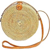 Novum Crafts Round Rattan Bag for Women - Handmade Straw Bags - Wicker Purse - Brown White Circle Crossbody Boho Bags