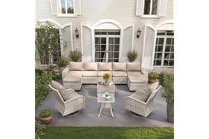 Muphyers 11-Piece Outdoor Patio Furniture Set with Rocking Swivel Chair Wicker Sectional Sofa Set, Patio Conversation Set with Ottomans & Coffee Table for Garden, Backyard, Poolside, Beige