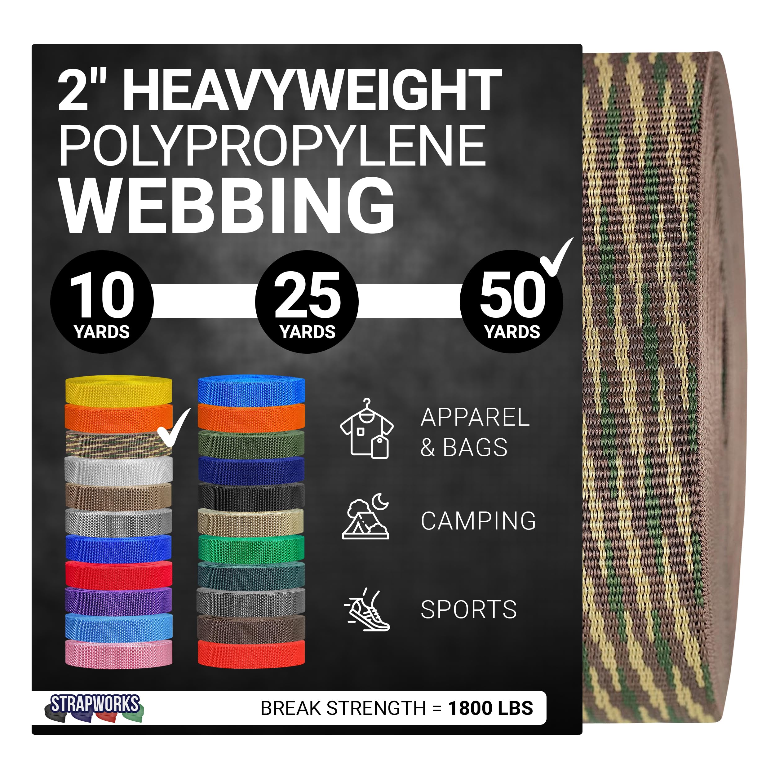 Strapworks Heavyweight Polypropylene Webbing - Heavy Duty Poly Strapping for Outdoor DIY Gear Repair, 2 Inch x 50 Yards - Woodland Camo