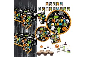 OOJAMI Serves 30 Complete Party Pack Cute Halloween Monsters and Ghosts 9" Dinner Paper Plates 7" Dessert Paper Plates 9 oz Cups 3 Ply Napkins 2 Table Cover Banner Party Decorations Party Supplies