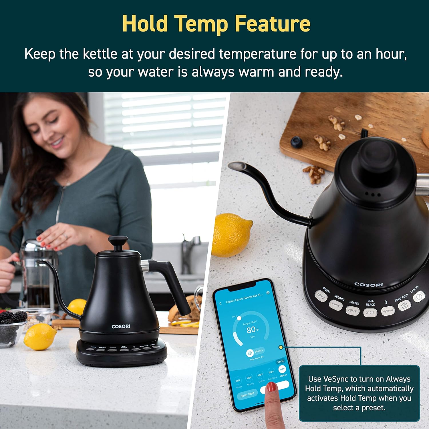 COSORI Electric Gooseneck Smart Bluetooth with Variable Temperature Control Pour Over Coffee Kettle & Tea Kettle, 100% Stainless Steel Inner Lid & Bottom, Quick Heating, 0.8L, Black: Kitchen & Dining