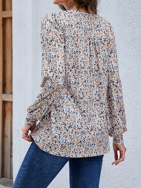 LICEMERE LONG SLEEVE SHIRTS FOR WOMEN FALL FASHION 2025 WOMENS TUNIC TOPS PLEATED CREW NECK PUFF SLEEVE BLOUSES DRESSY CASUAL (FLORAL WHITE,L)