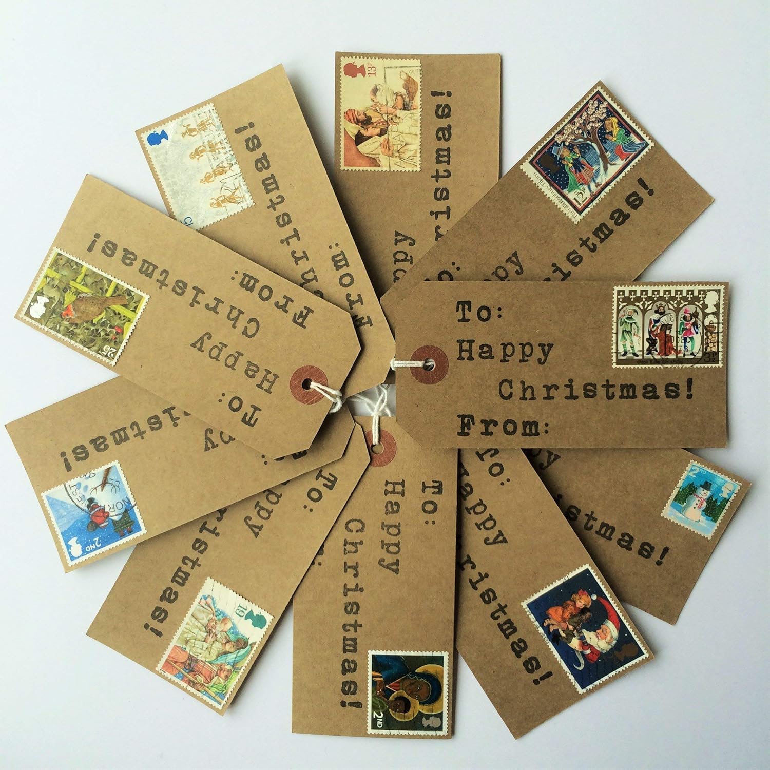 10 x Handmade Christmas Gift Tags with Vintage Christmas Postage Stamps