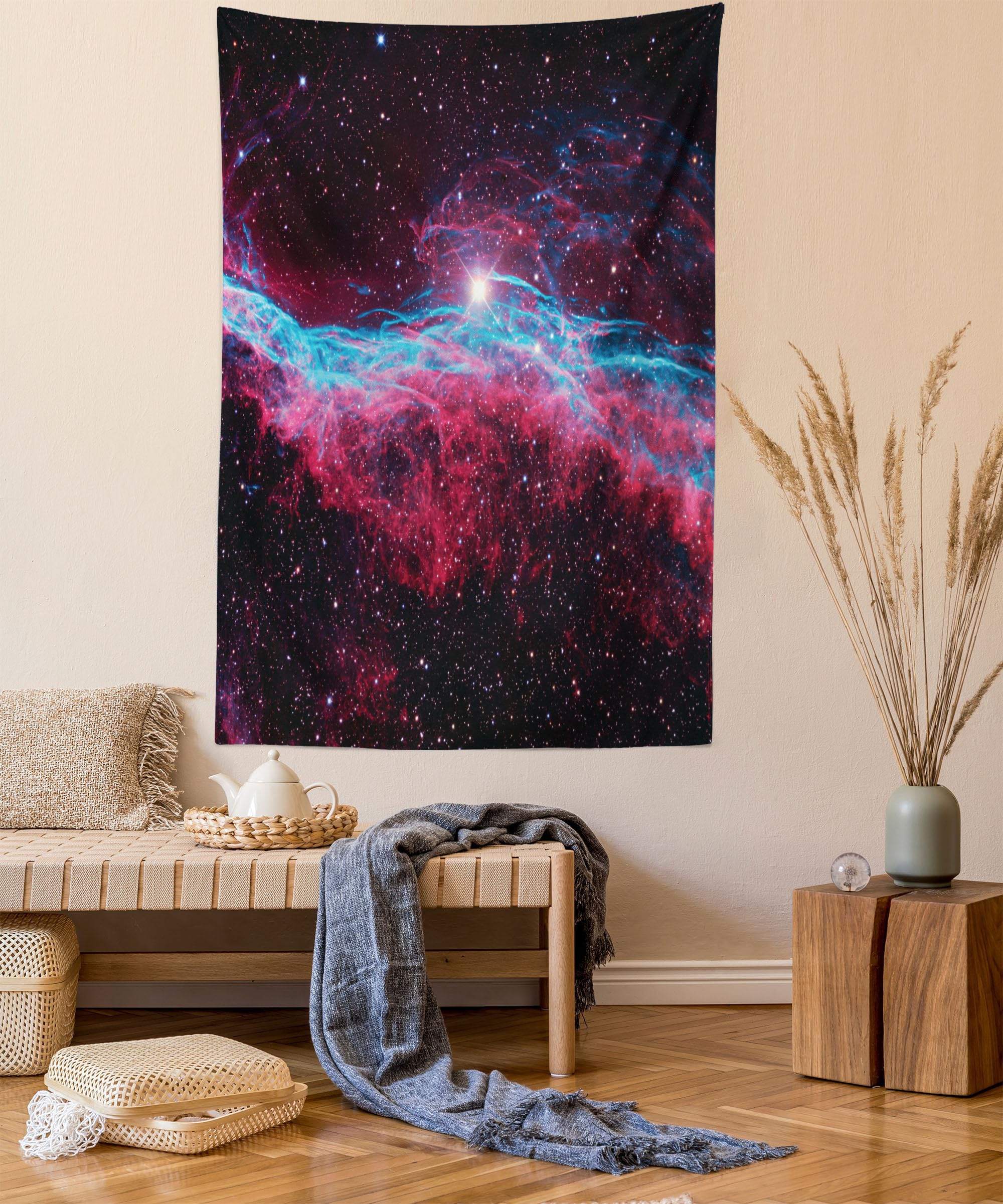 ABAKUHAUS Pink Tapestry, Science Cosmos Outer Space Galaxy Print Universe Stars Astronomy Nebula Theme, Fabric Wall Hanging Decor for Bedroom Living Room Dorm, 54 W X 90 L, Magenta and Black