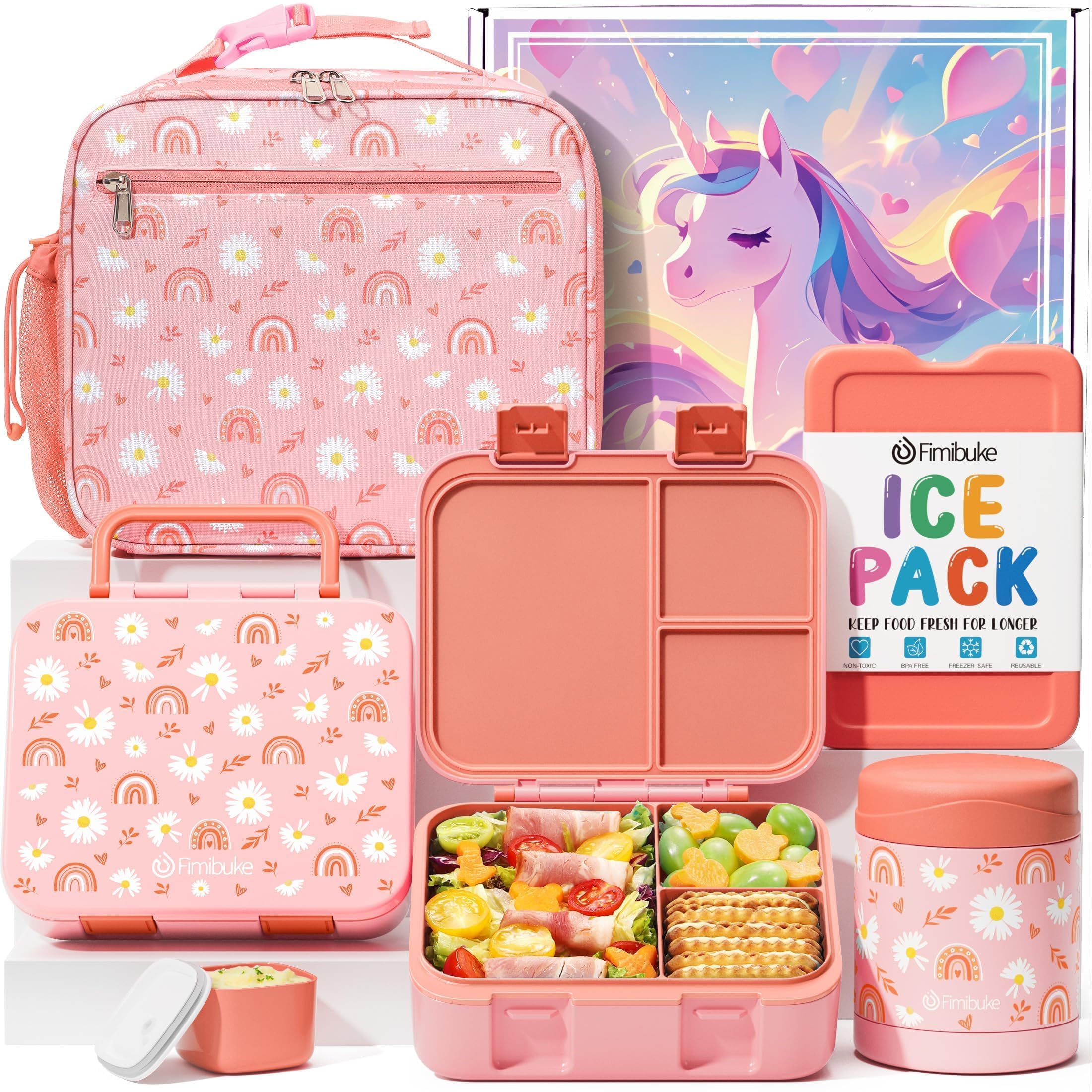 Photo 1 of Fimibuke Kids Bento Box with , Food Jar & Ice Pack Set - Snack Lunch Container with 3 Compartments, Thermos for Hot Food Back to School Gift for Age 3-12 Toddler Girls Boys - Rainbow & Daisy
