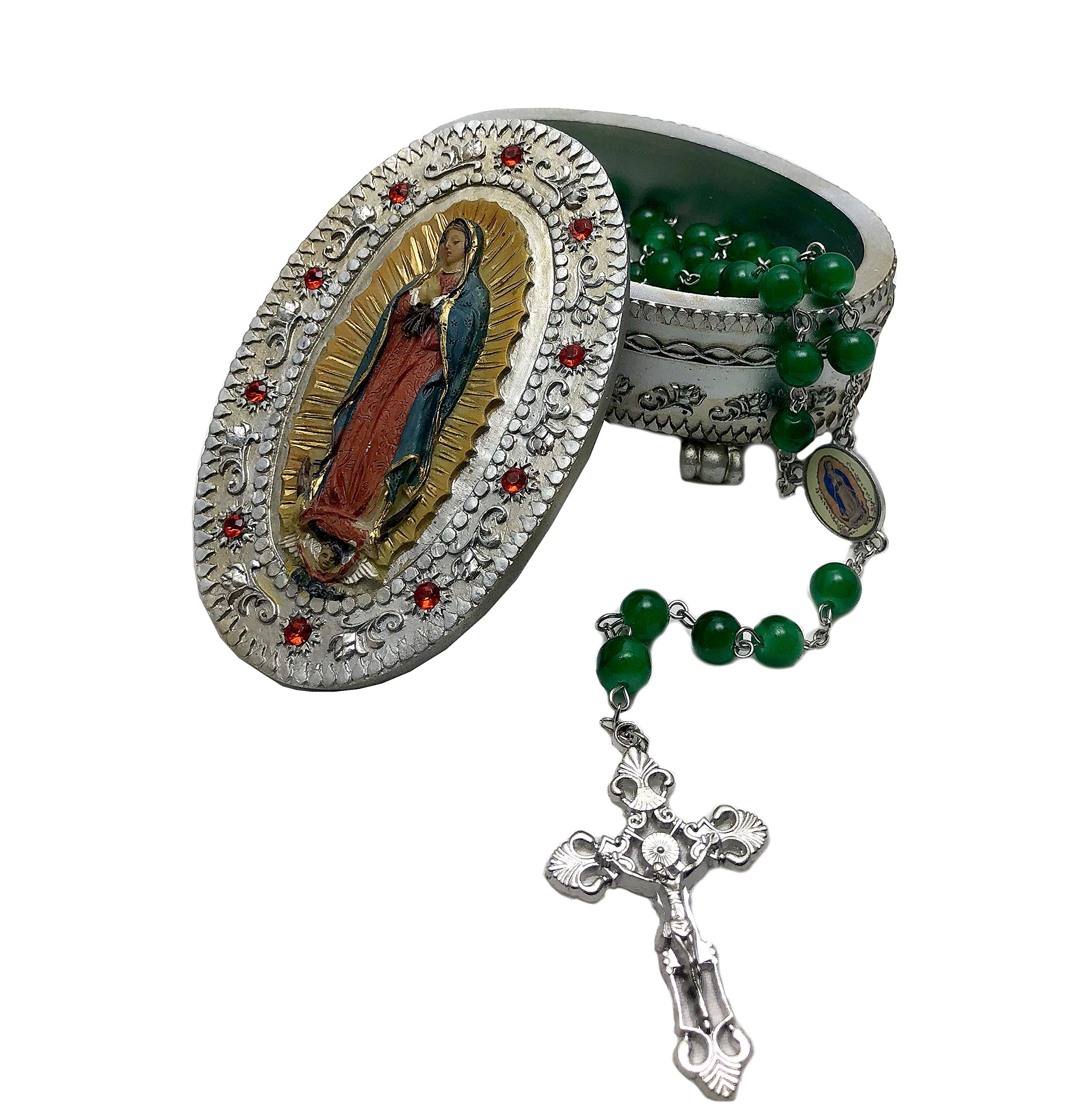 Elysian Gift ShopOur Lady of Guadalupe Jeweled Rosary Box Keepsake with with Our Lady of Guadalupe 8mm green bead rosary included