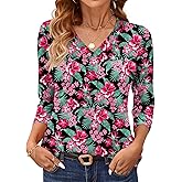 AKEWEI 3/4 Length Sleeve Womens Tops V Neck T Shirts Dressy Casual Pleated Spring Fashion 2026 Work Blouses