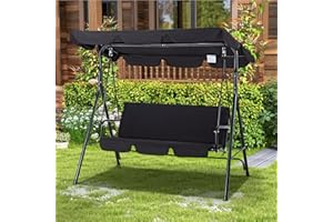 Esright Patio Swings Outdoor, 3-Seat Glider Patio Swings with Removable Cushion and Adjustable Canopy, Porch Bench for Garden, Poolside&Backyard, Black