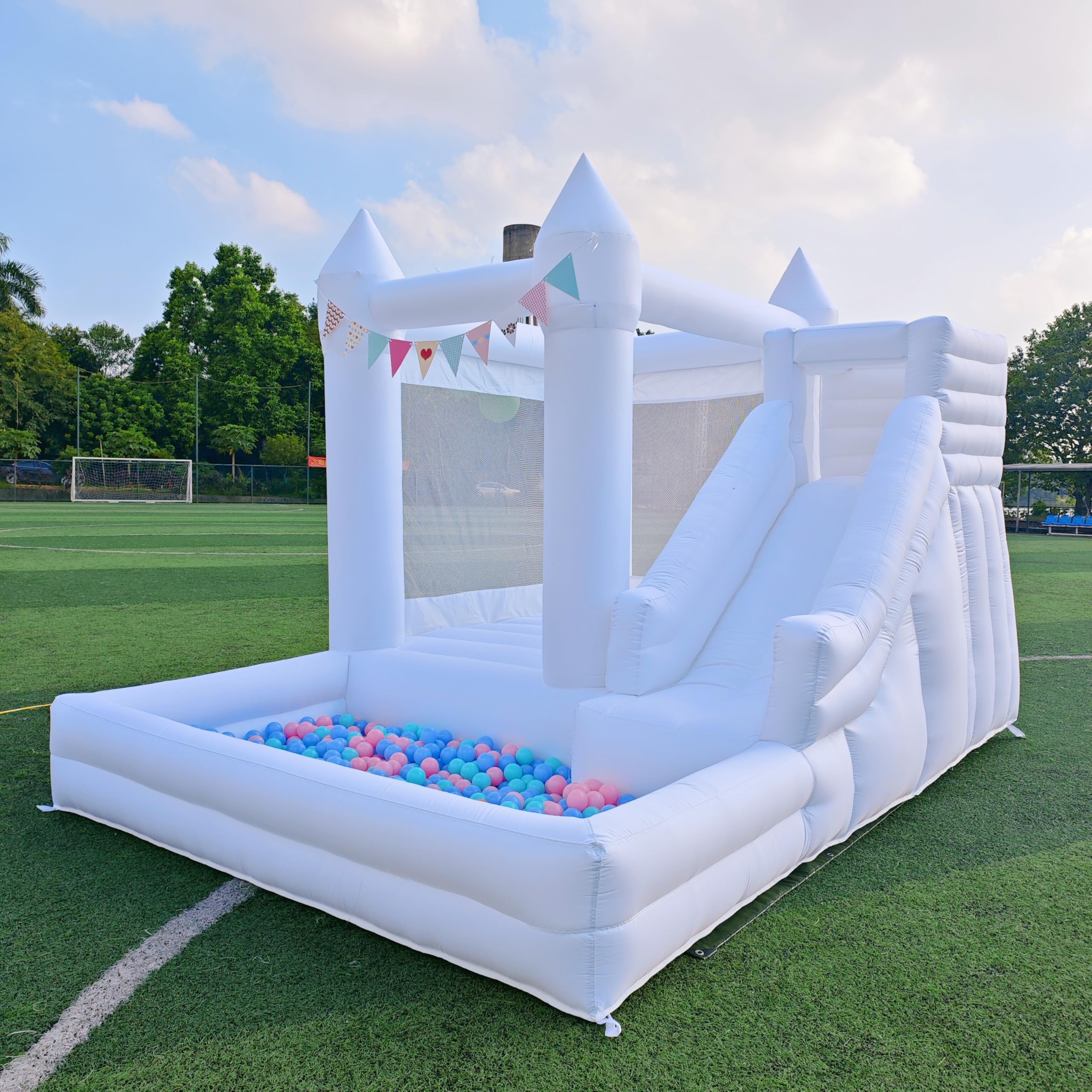 Photo 1 of 12 FT Oxford White Inflatable Bounce House, Bounce House With Ball Pit, Bounce House With Slide, Indoor And Outdoor Large Inflatable Castles Bounce House for Kids 3-12 Holiday Decoration Wedding Party