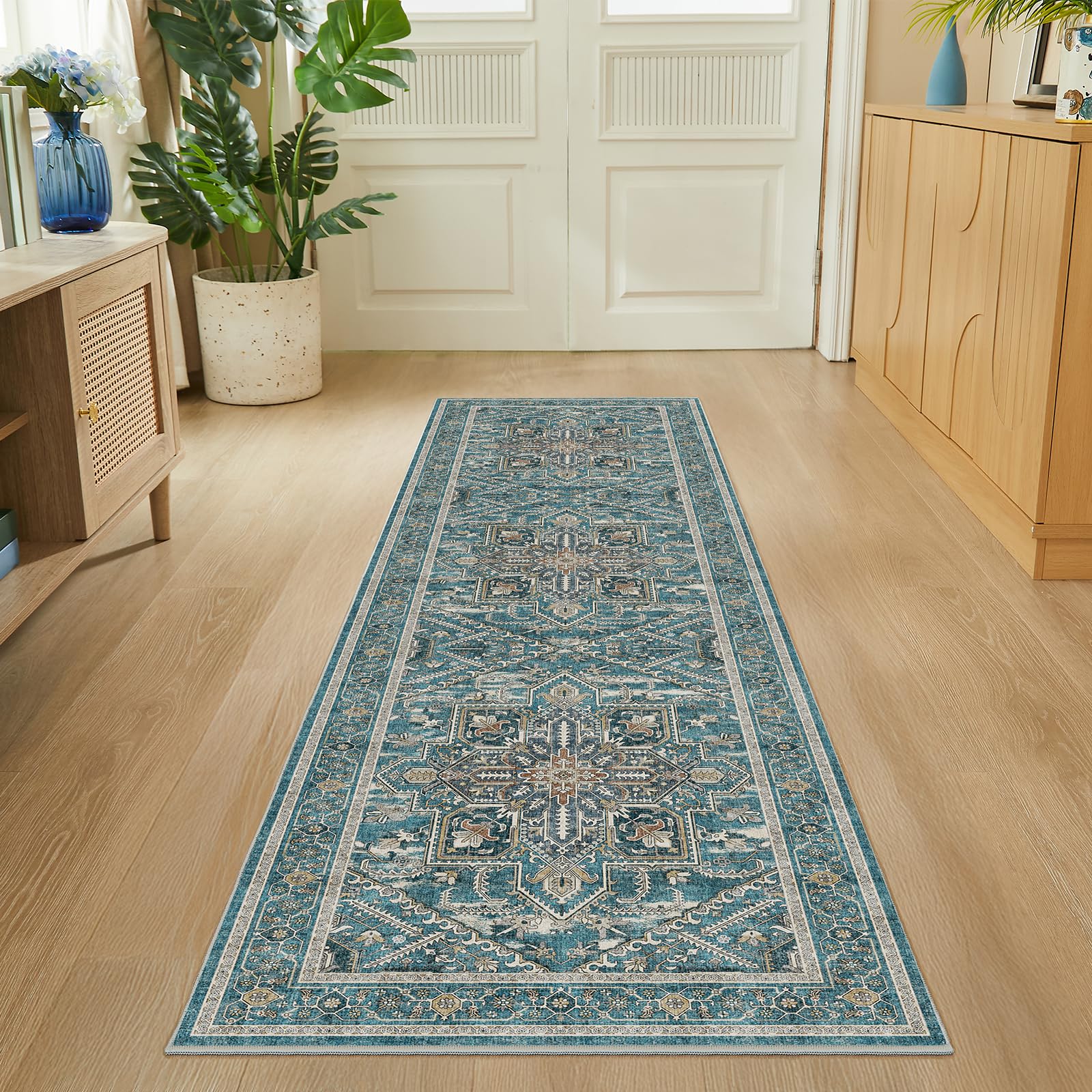 Photo 1 of WITSHOCK 2x8 Teal Runner Rug for Hallway, Washable Rug Distressed Boho Soft Low Pile Stain Resistant Foldable Carpet for Kitchen Entryway Indoor Entrance Laundry Vintage Farmhouse Home Decor