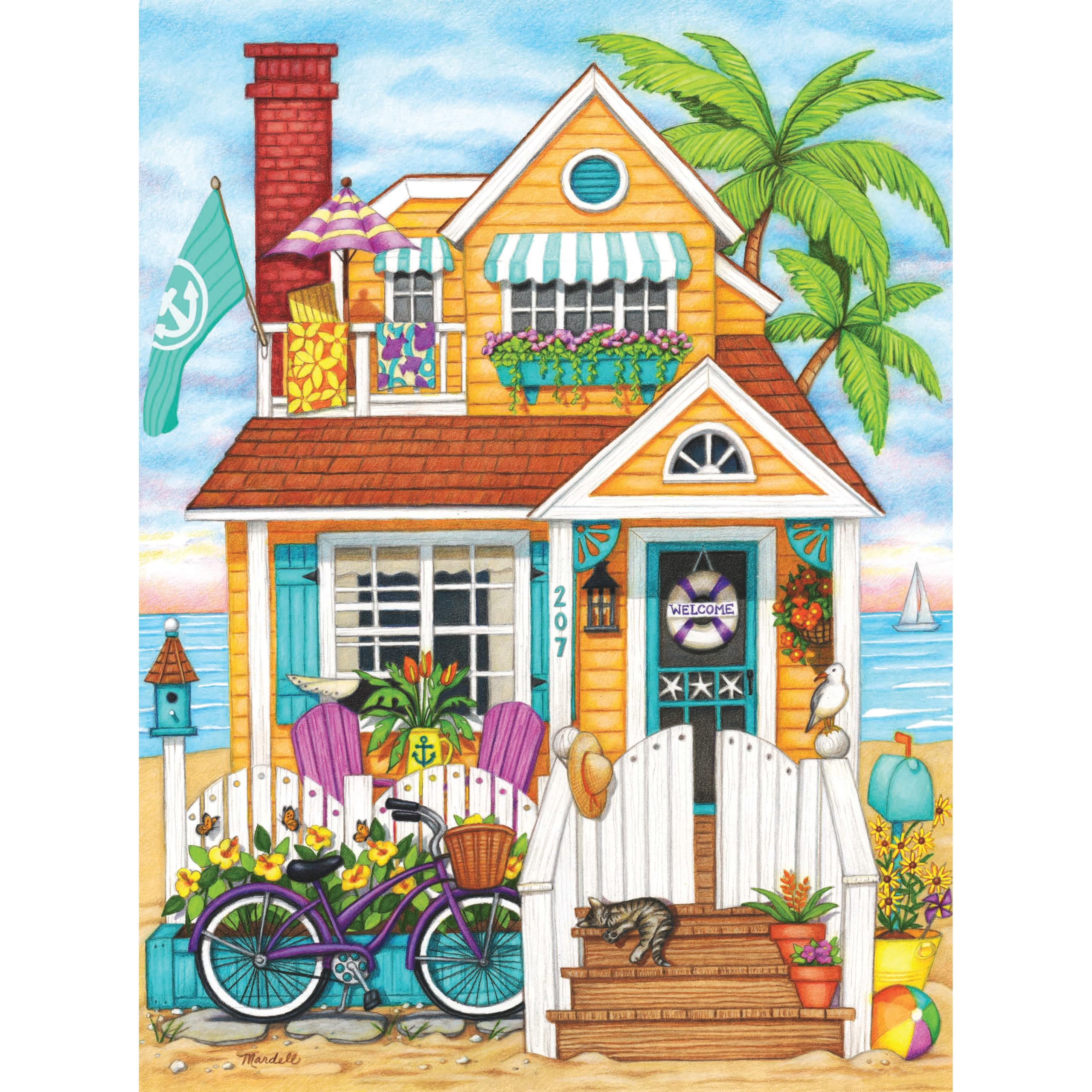 Photo 1 of 1000 Piece Puzzle for Adults Mardell Schuster Beach House Colorful Seaside 27x20 Jigsaw Puzzle