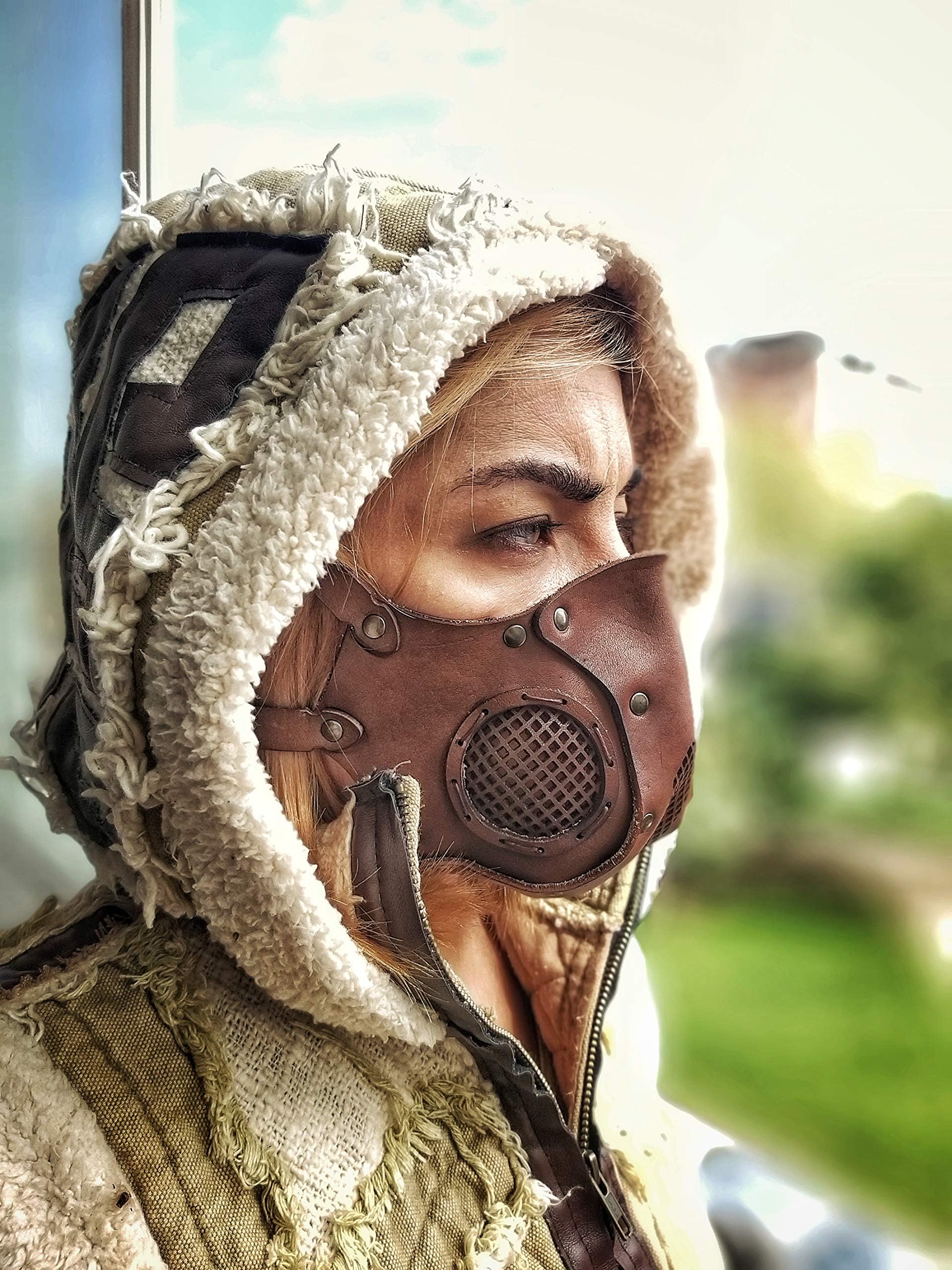 Face Mask with filter pocket made of leather ready for use with disposable face masks, Paper towel or filter changeable insert washable mask