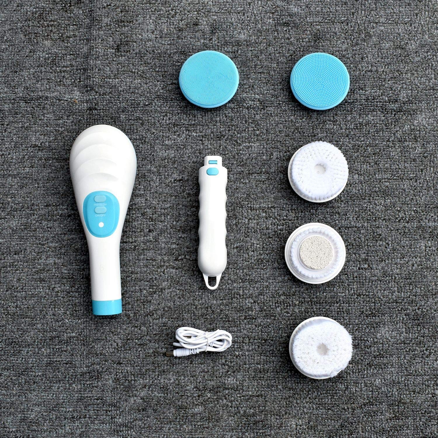 100FIXEO USB Charge Electric Long Handle Rotating Bath & Body Brushes Waterproof Facial Face Shower Brush Devices With 5 Brush Heads Deep Cleansing (Blue) : Beauty