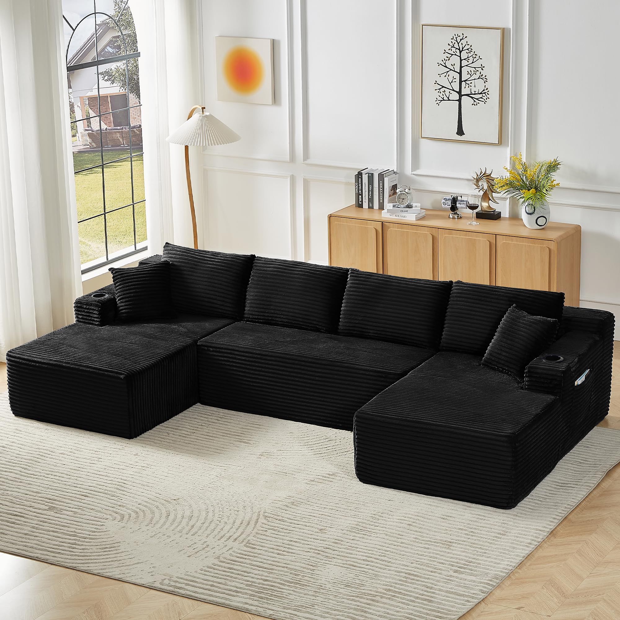 Photo 1 of **** NOT FULL SET*** Tmsan 133.5" Black Boneless Sectional Sofa Couches for Living Room, Oversized U Shaped Cloud Modular Set with Cup Holders & Side Pockets & Deep Seat, Comfy Corduroy Foam Compressed No Assembly