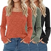 Velvelhall 3 Pack Women's Long Sleeve Shirts, Square Neck Loose Fit Tunic Tops Fall Winter Casual Lightweight Sweaters