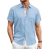 DEMEANOR Mens Linen Shirts Short Sleeve Wrinkle Free Untucked Shirt Casual Summer Beach Wedding Button Down Top with Pocket