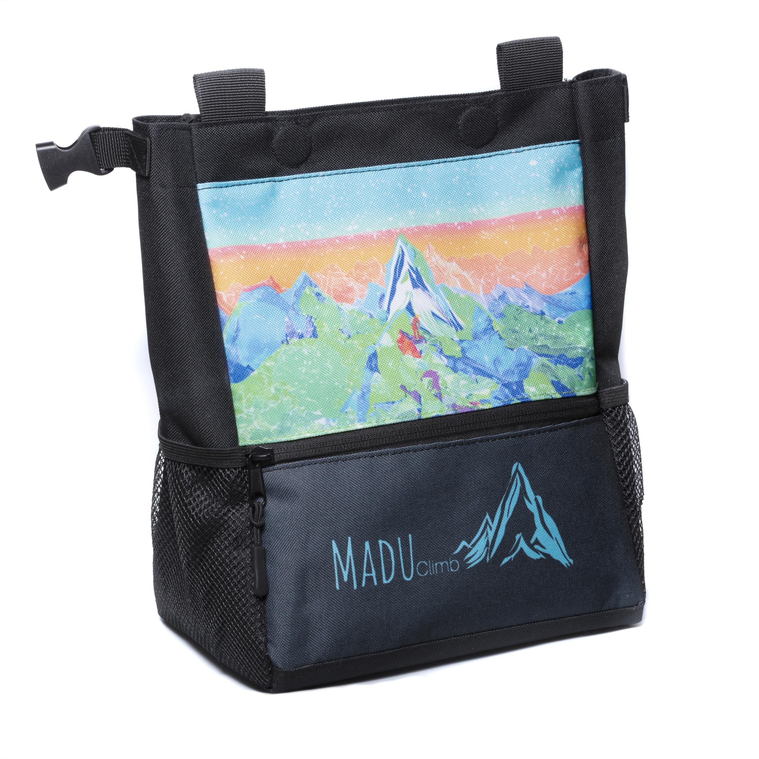 Bouldering Chalk Bag by Madu Climb Big Bucket Large Self-Standing Chalk Bag with Magnetic Closure, Fleece Lining, Zippered Pockets & Brush Holders – Artistic Blue Design — image 1