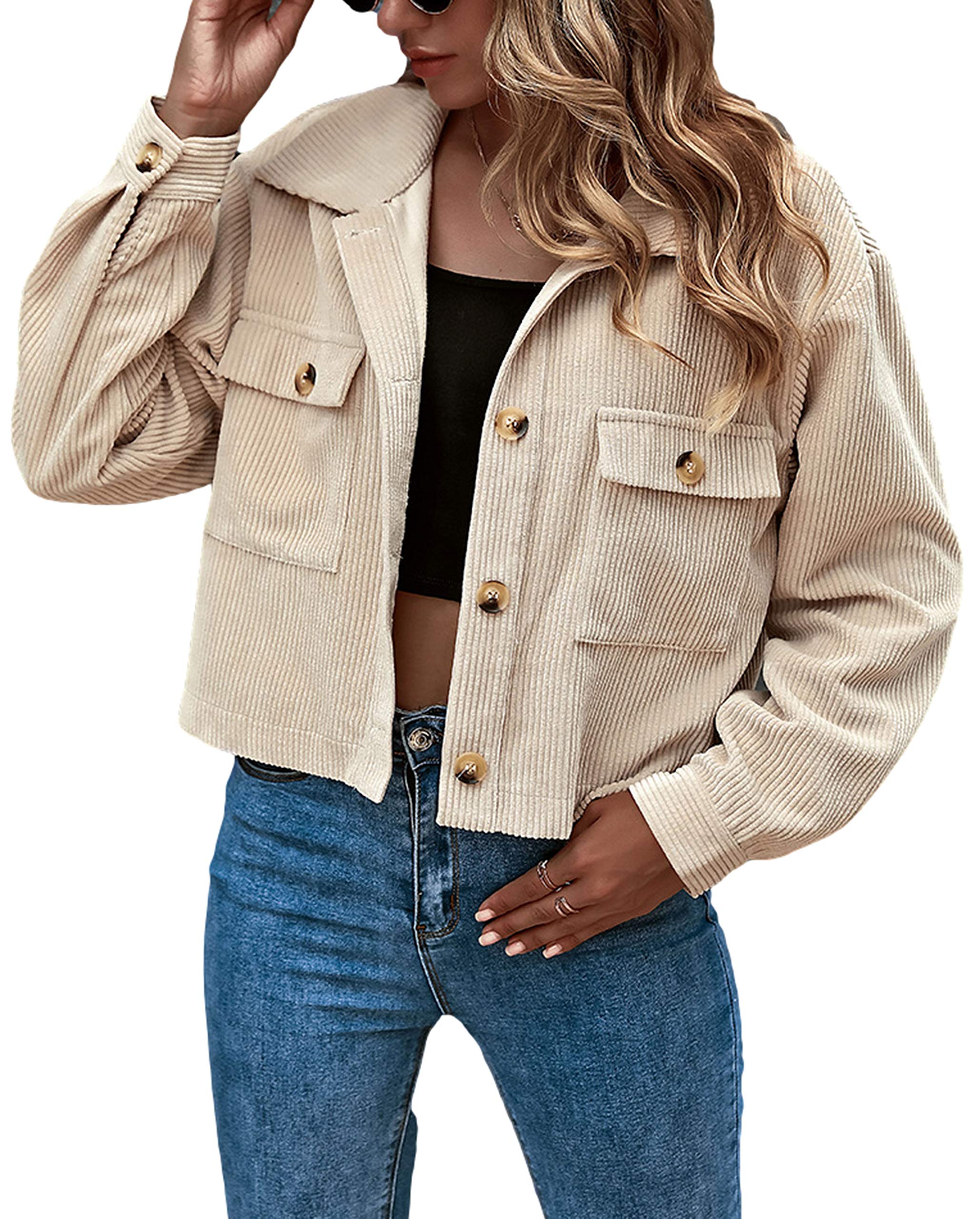 Photo 1 of Gihuo Women's Fashion Cropped Shacket Button Down Corduroy Shacket Jackets Casual Plaid Long Sleeve Crop Jackets Tops?Apricot-M?