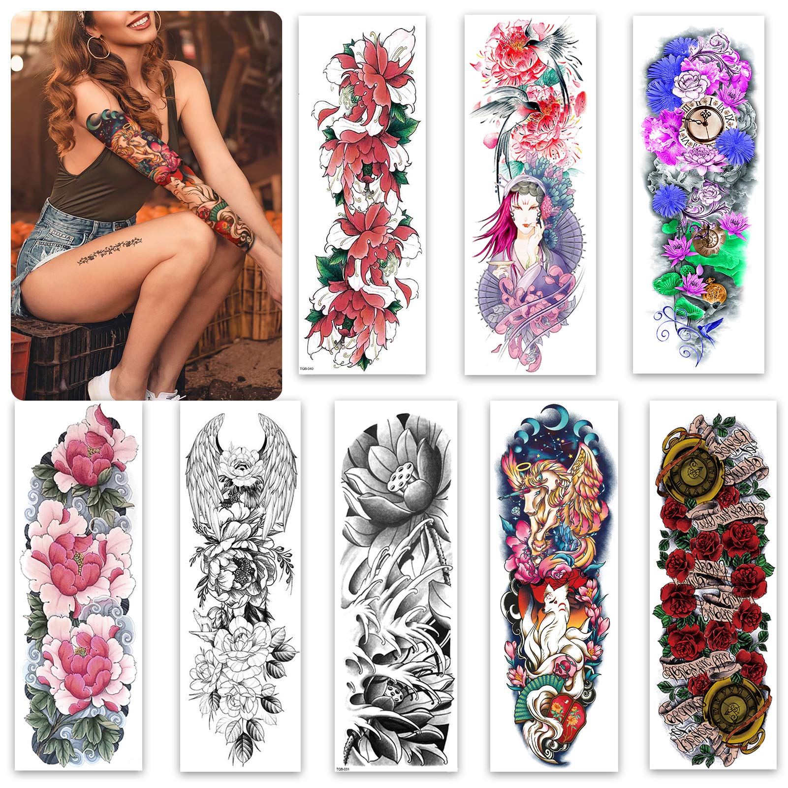 Aresvns Temporary Tattoo for Women Teen Girls and kids,8 Sheets Full Arm Leg Temporary Tattoo Flowers,Waterproof and Long-Lasting Realistic Fake Tattoos as gifts