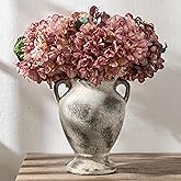 PORCER Ceramic Rustic Flower Vase with Handles, 8.46 Inch Tall Vintage Pottery Home Decor, Farmhouse Terracotta Vase for Living Room, Table, Shelf, Mantel Decoration, Farmhouse- Brown