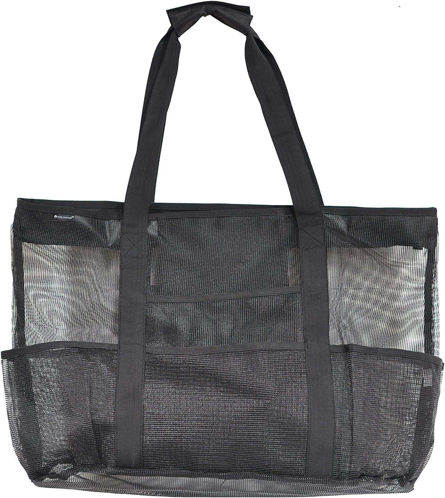 Victus Outdoors Zip Top Mesh Beach Bag Large Black Tote Bag 24 x 16, Long 12in Handles, Inside Zippered Pocket, Spring Clip, 8 Big Outside Pockets, Sand and Water Drains Away, with Bonus Tote Bag