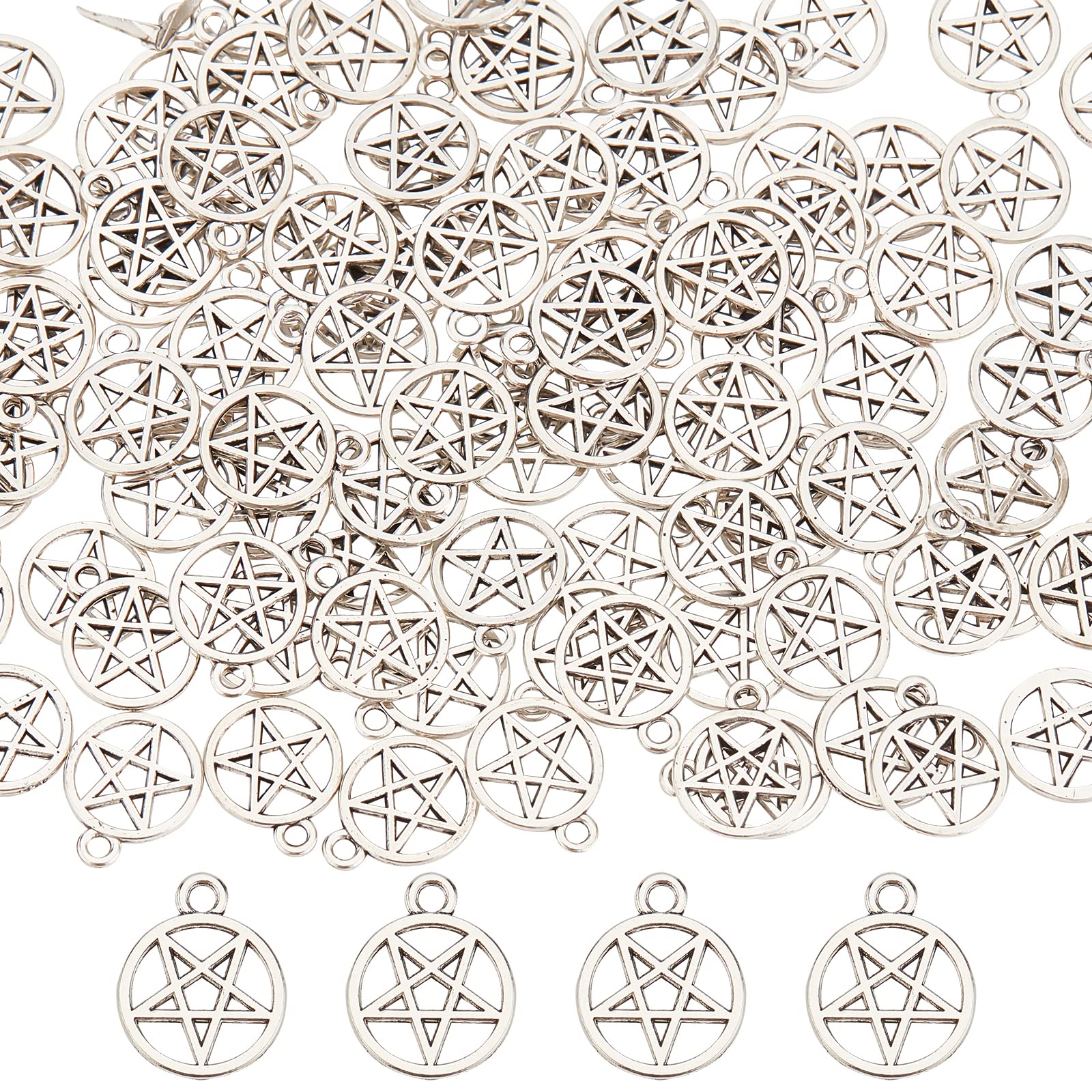 SUNNYCLUE 1 Box of 100 Pentacle Star Charms Silver Pentagram Bulk Witch Magic Protection Lucky Alloy Stars for Jewellery Making Charms DIY Craft Necklace Bracelet Earring Beginners