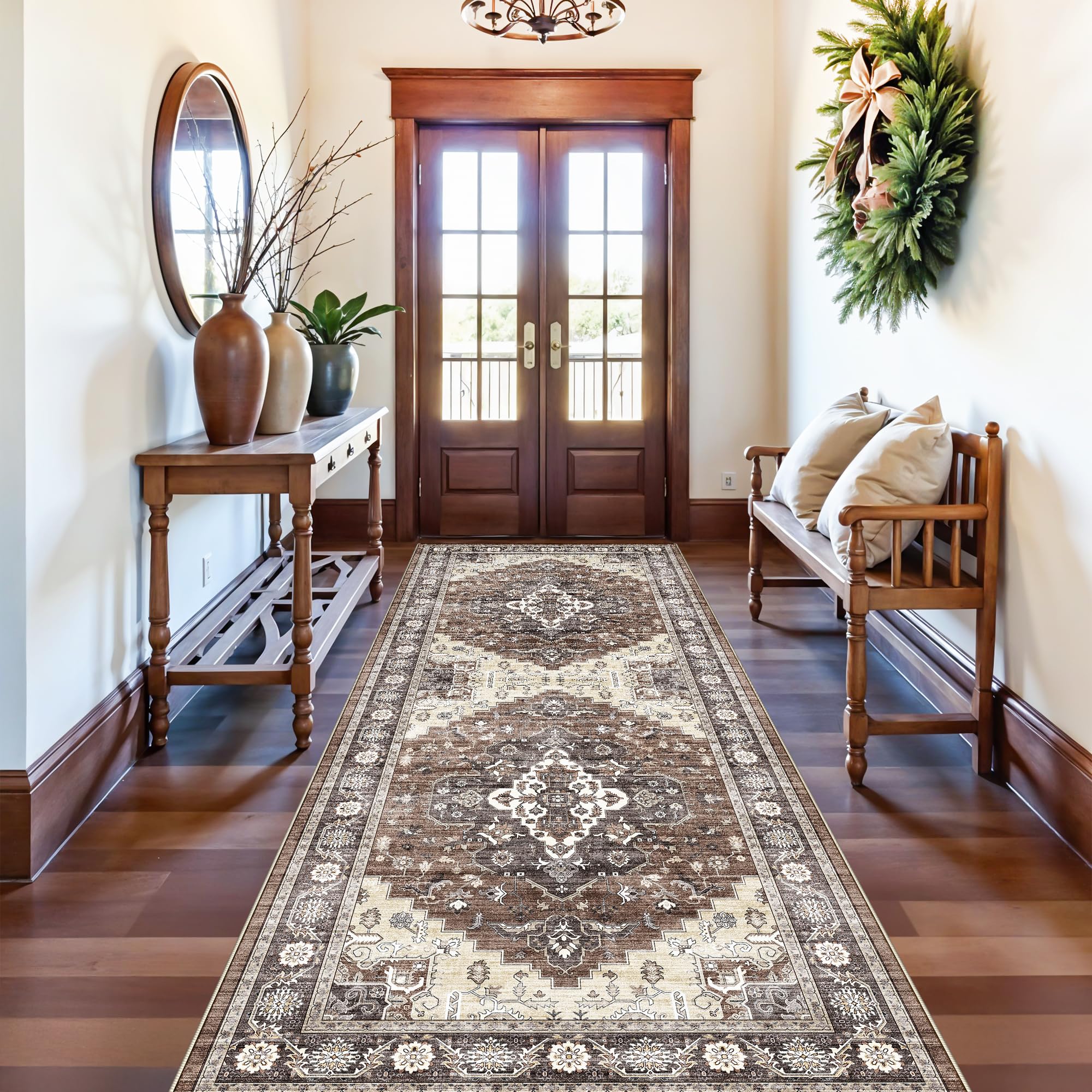 Photo 1 of 4x10 Wide Hallway Runner Rug: Vintage Washable Soft Rugs for Living Room Bedroom Water Resistant Carpet with Non-Slip Backing for Entry Kitchen Dining Room Thin Nursery Bathroom Floor Mat(Brown,4x10)