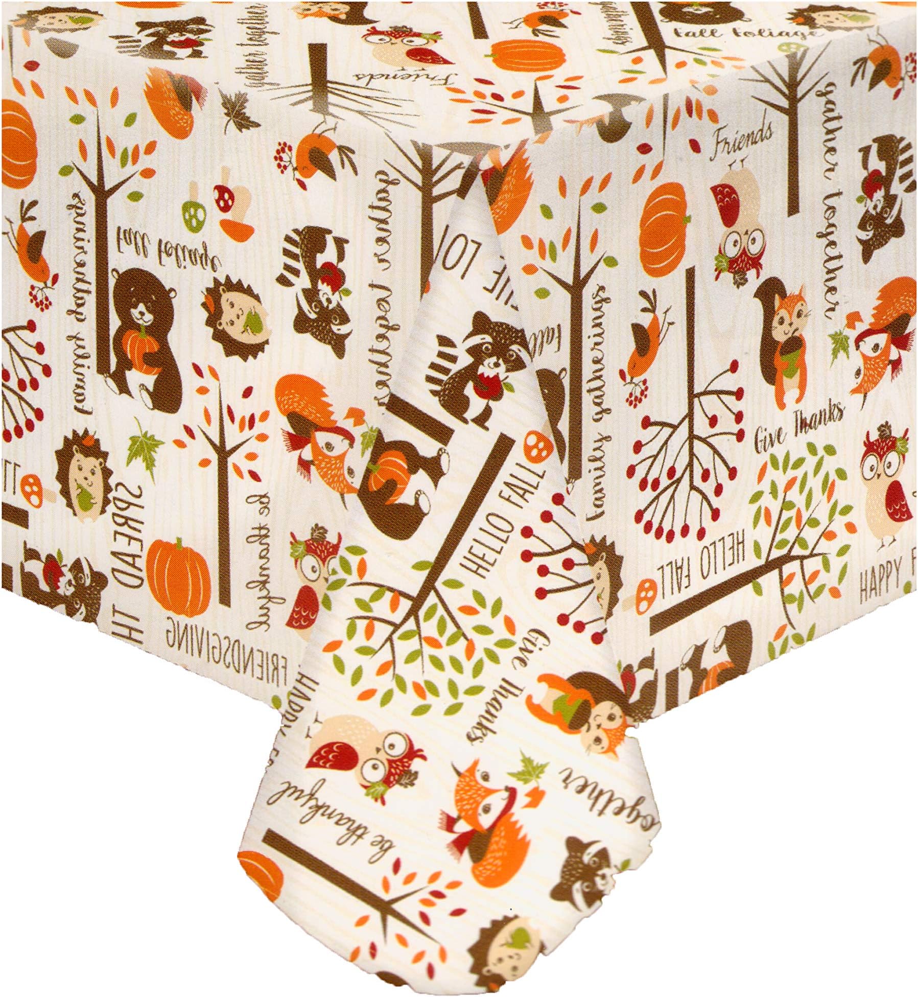 Harvest Vinyl Tablecloth PEVA Flannel Backed, Woodland Animal Thanksgiving Print, 60 x 84 Oblong/Oval