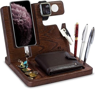 Teslyar Natural Oak Wood Phone Docking Station & Organizer for Men