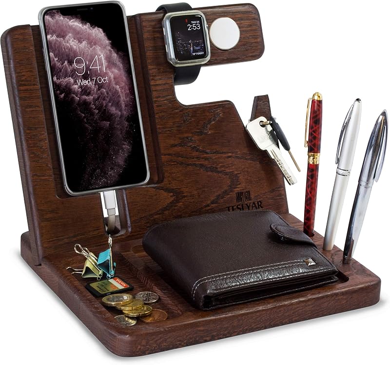 Teslyar Natural Oak Wood Phone Docking Station & Organizer for Men