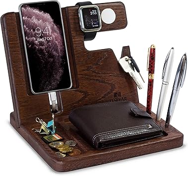 Amazon Com Natural Oak Wood Phone Docking Station Key Holder Wallet Watch Stand Watch Organizer Men Gift Husband Wife Anniversary Dad Birthday Nightstand Purse Father Graduation Male Travel Electronics