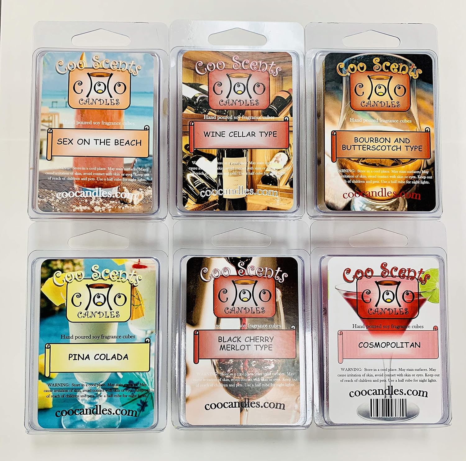Coo Candles 6 Pack Soy Blend Wickless Candle Wax Bar Melts - Boozy Alcohol Pack - Pina Colada, Black Cherry Merlot, Cosmopolitan, Wine Cellar, and Bourbon Butterscotch, and Sex on The Beach: Home & Kitchen
