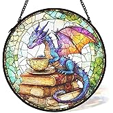 cvjutf Dragon Book Nook Suncatcher Stained Glass Window Hanging Decor, Bookish Book Lovers Gifts, Library Fantasy Bookish Decor, Dragon Garden Sun Catchers Indoor Hanging Wall Art Ornaments,7.9x7.9In
