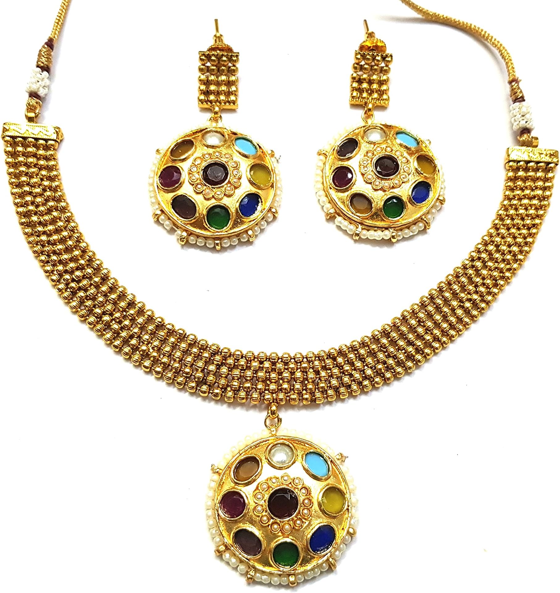 Ethnic Gold Plated navratan Pendant Choker Indian Ceremonial Jewellery Set