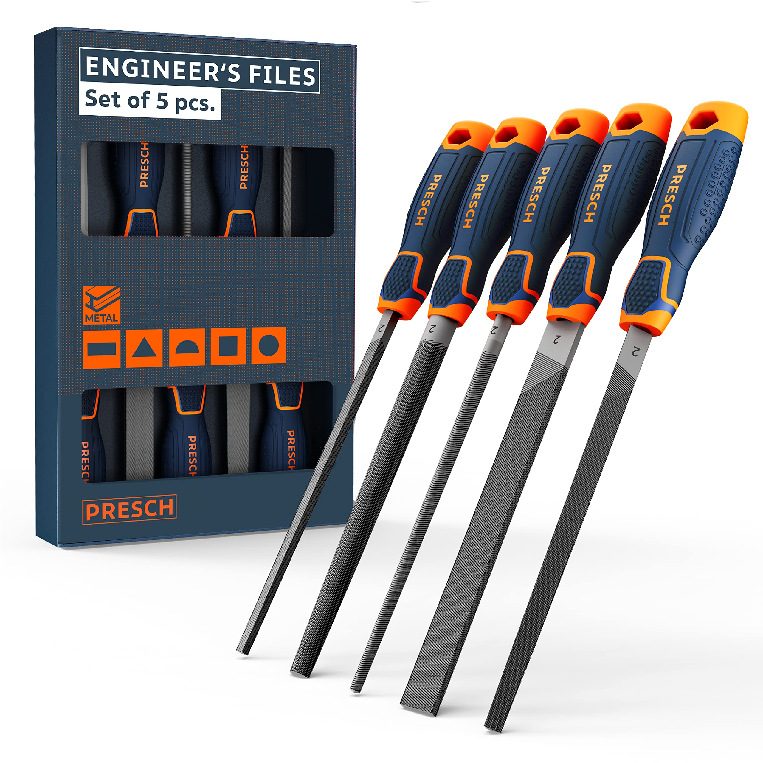 Presch File Set 5 pcs - High Quality Metal File Set incl. Flat File, Half Round File, Round File, Triangular File and Square File - Professional Metal File Set for Steel - Metal Files Set