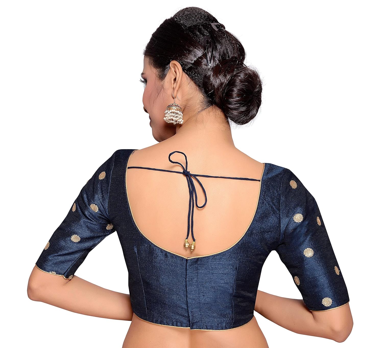 studio shringaar women's navy blue poly raw silk saree blouse woth embroidered sleeves